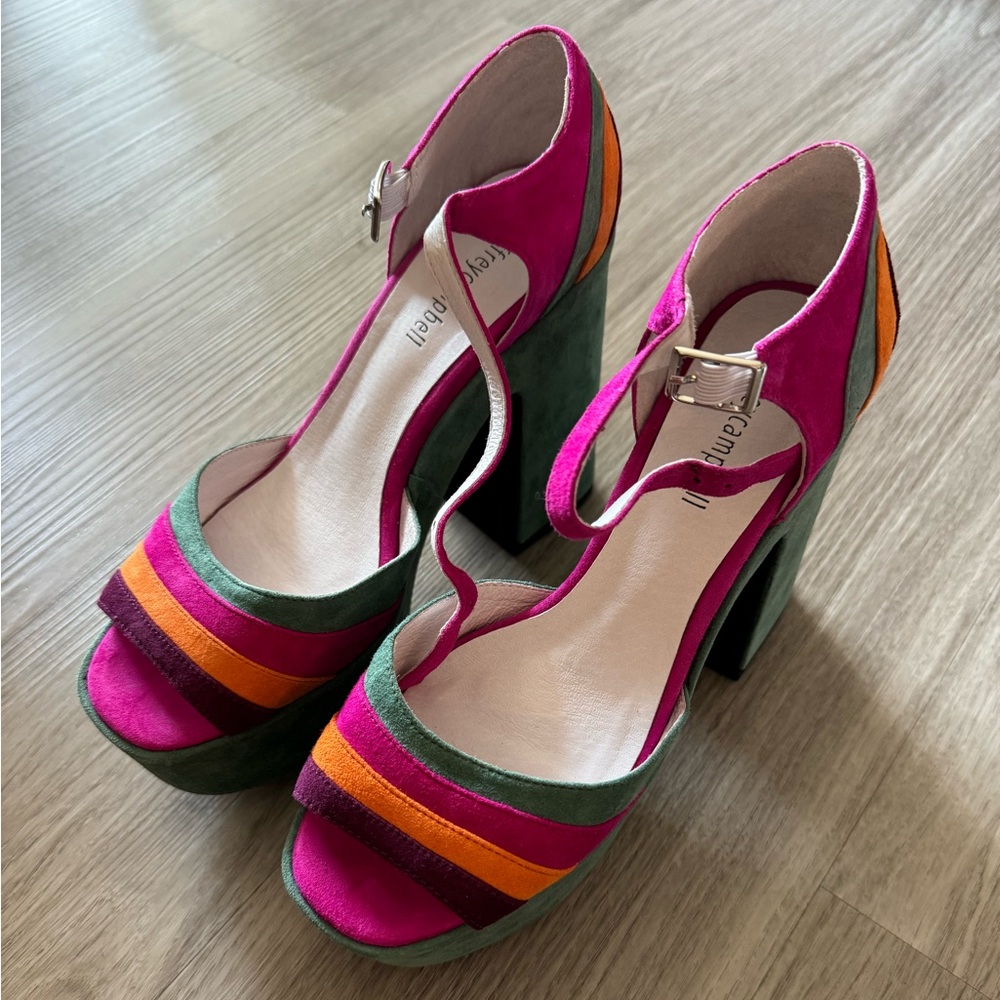 Jeffrey Campbell Candice 2 Platform Heels in teal/magenta/orange suede